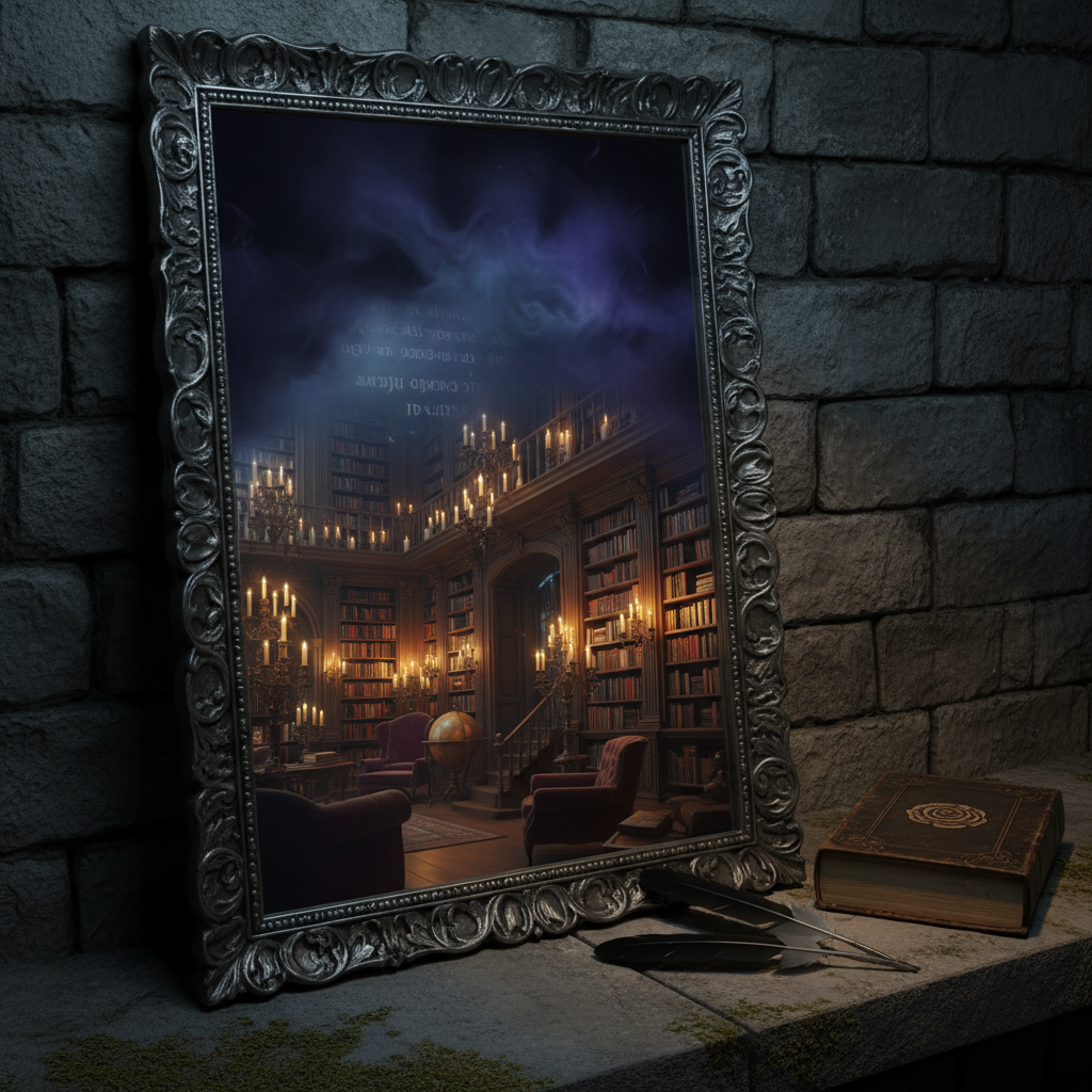 An intricately carved antique mirror with a blackened silver frame leans against a stone wall, its surface half reflecting a grand, candlelit library and half fading into swirling darkness where faint, ghostly script appears and dissolves. On a nearby stone ledge sits a closed leather-bound book stamped with a subtle rose emblem, next to a pair of black feather quills. Photographic realism, low, warm candlelight combined with cool ambient shadows, creating a rich interplay of gold and blue tones. The composition uses the rule of thirds, placing the mirror slightly off-center, with deep focus on the mirror’s details and a softly blurred library hinted beyond. The atmosphere is sophisticated, uncanny, and literary, evoking the crossing of genres and worlds.