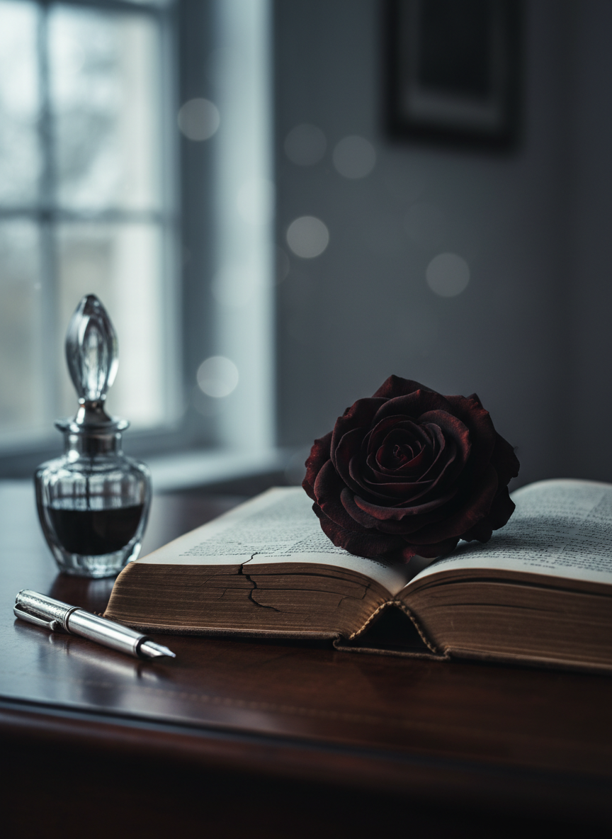 A single velvety black rose with deep crimson undertones rests on the open pages of an antique hardback book, its spine cracked and gilt title faintly legible: “Darkest Rose.” The pages are slightly yellowed and textured, with delicate script visible but softly out of focus. The scene is arranged on a dark mahogany desk near a window, where cool, overcast daylight spills in, creating gentle reflections on a polished ink bottle and a silver fountain pen nearby. Photographic realism, eye-level composition, shallow depth of field, with the rose and book in crisp focus and the background dissolving into soft bokeh. The mood is sophisticated, atmospheric, and subtly eerie, suggesting a portfolio of stories that bloom from darkness.