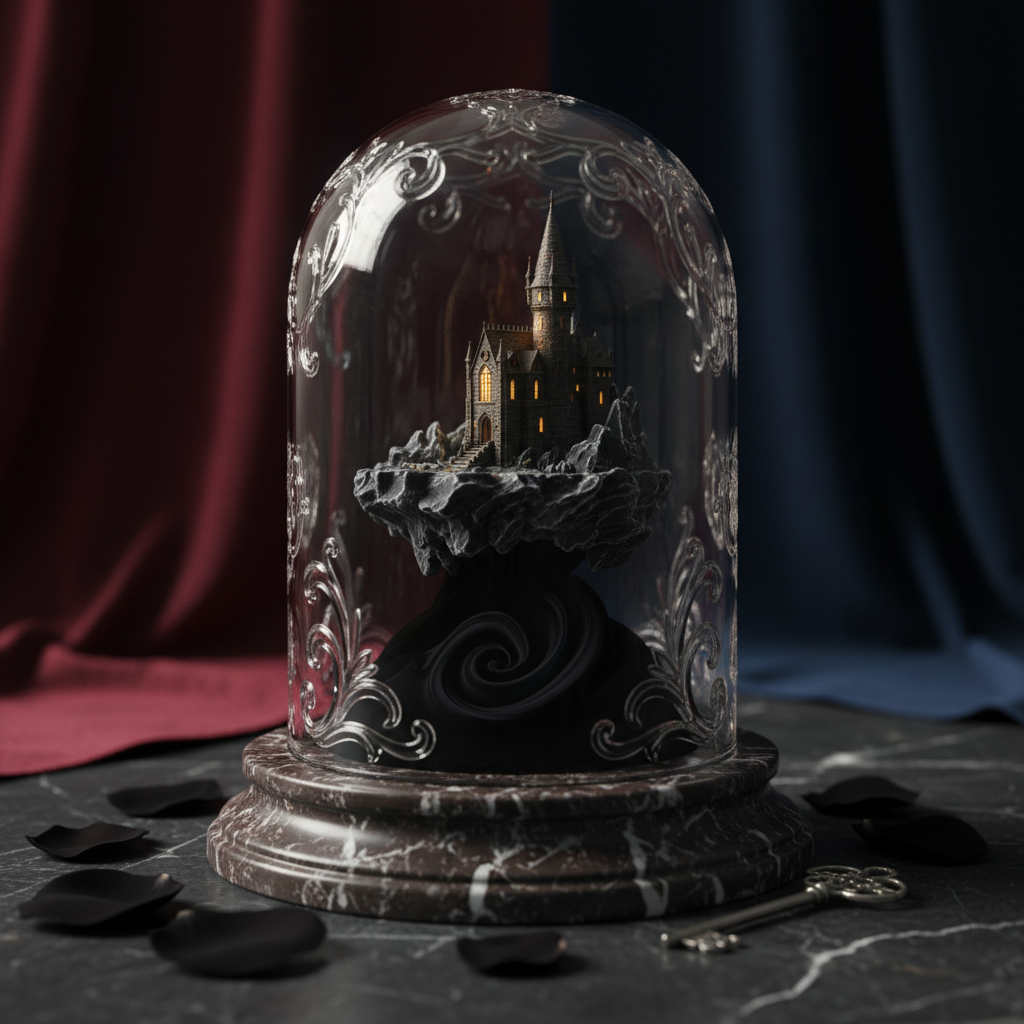 A close-up of an ornate glass display dome on a dark marble pedestal, containing a miniature, impossibly detailed scene: a tiny gothic castle perched on a cliff of obsidian rock, one tower glowing warm and golden, while the cliff edge crumbles into a swirling void of inky blackness. Around the dome’s base lie scattered black rose petals and a single silver key. Photographic realism with dramatic side lighting from a single unseen source, casting sharp, sophisticated shadows and subtle reflections on the glass. Shot from a slightly low angle with shallow depth of field, the dome sharply in focus against a blurred, luxurious background of deep velvet drapery. The mood is mysterious, refined, and darkly magical.