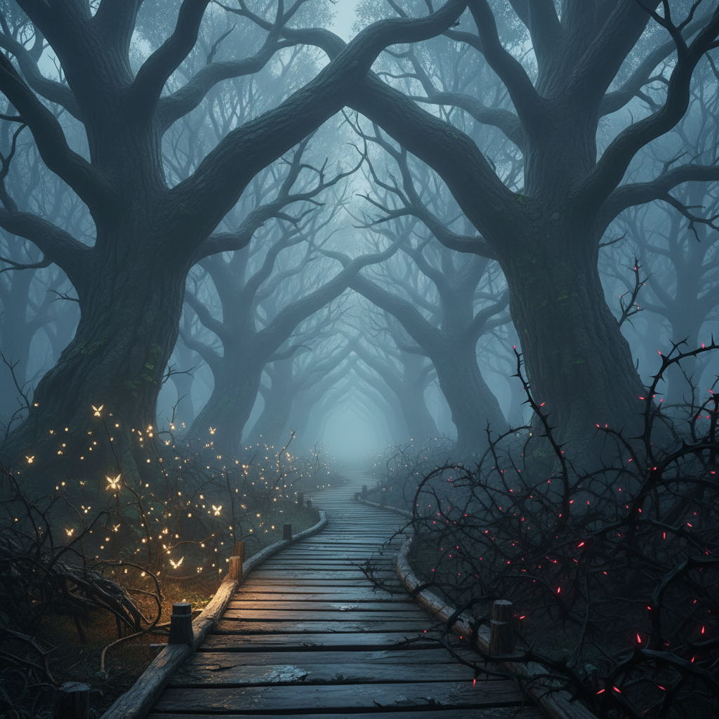A weathered wooden path winding into a misty, ancient forest, where twisted trees arch overhead to form a natural, cathedral-like tunnel. On one side of the path, delicate fairy lights appear to float in midair, casting a warm, golden glow, while on the other side, thorny black briars emerge, their tips tinged with a subtle, unnatural red. Photographic realism, captured at eye level with the path leading into soft, cinematic fog. The lighting is a blend of cool, blue-gray twilight and the gentle radiance of the lights, creating a balanced mood that is both enchanting and ominous, perfectly representing “horror, fairy tales, and everything between.”