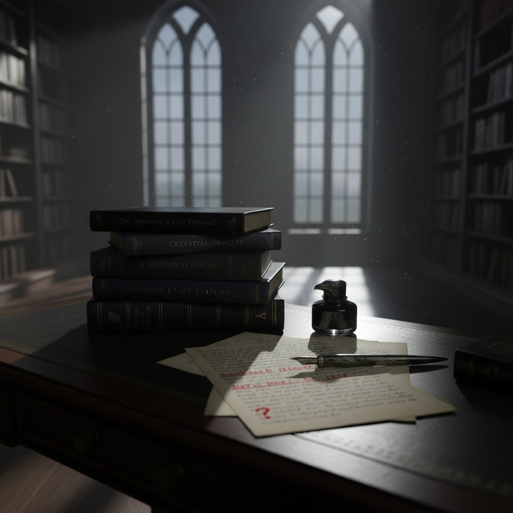 An elegant writing desk in a shadowed study, topped with a stack of neatly arranged hardback books in varying shades of black, charcoal, and midnight blue, their titles hinting at horror, fairy tales, and speculative tales. A single dark glass inkwell and a metal-nibbed fountain pen rest atop a spread of manuscript pages, some marked with red editing notes. Moonlight filters through tall mullioned windows, casting narrow, silvery beams across the desk and creating dramatic, high-contrast shadows. Photographic realism with a slightly elevated angle, sharp focus across the desk, and a softly blurred library of bookshelves in the background. The atmosphere is refined, mysterious, and intellectual, evoking a sophisticated multi-genre author’s workspace.